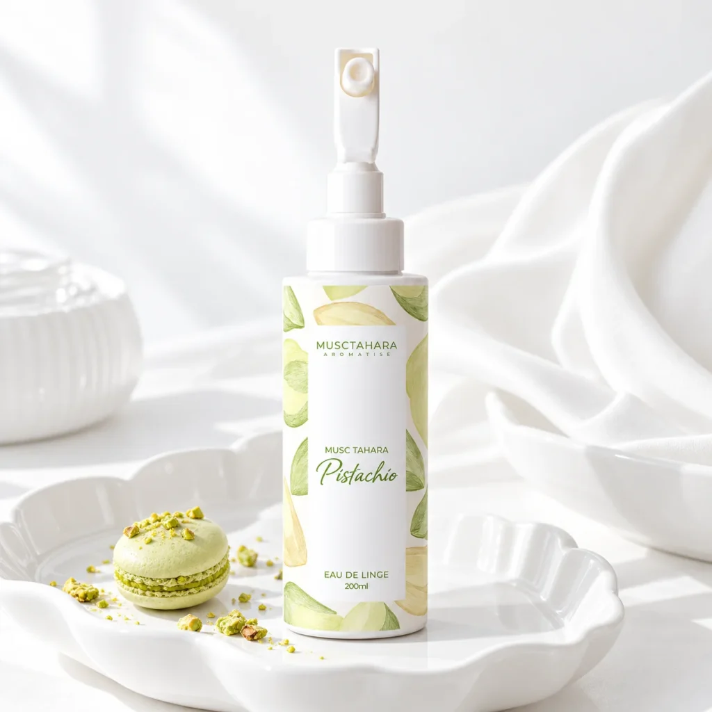 Flacon de linge Musctahara Aromatise Musc Tahara Pistachio 200 ml avec un macaron à la pistache