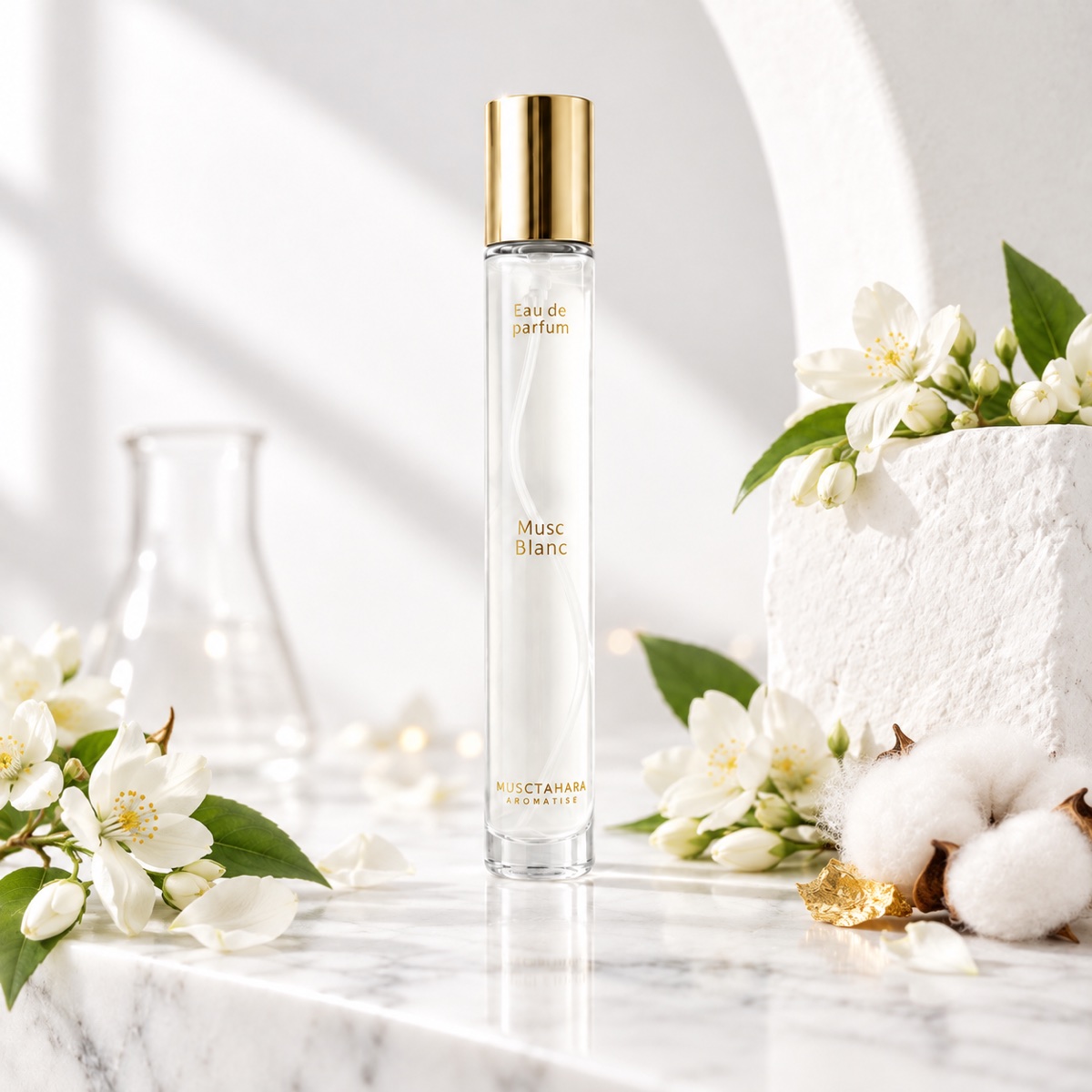 Eau de parfum Musc Blanc au bouchon doré, fleurs blanches et coton