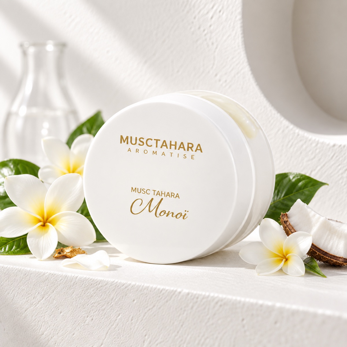 Pot de musc tahara Monoï accompagné de fleurs de tiaré et de noix de coco