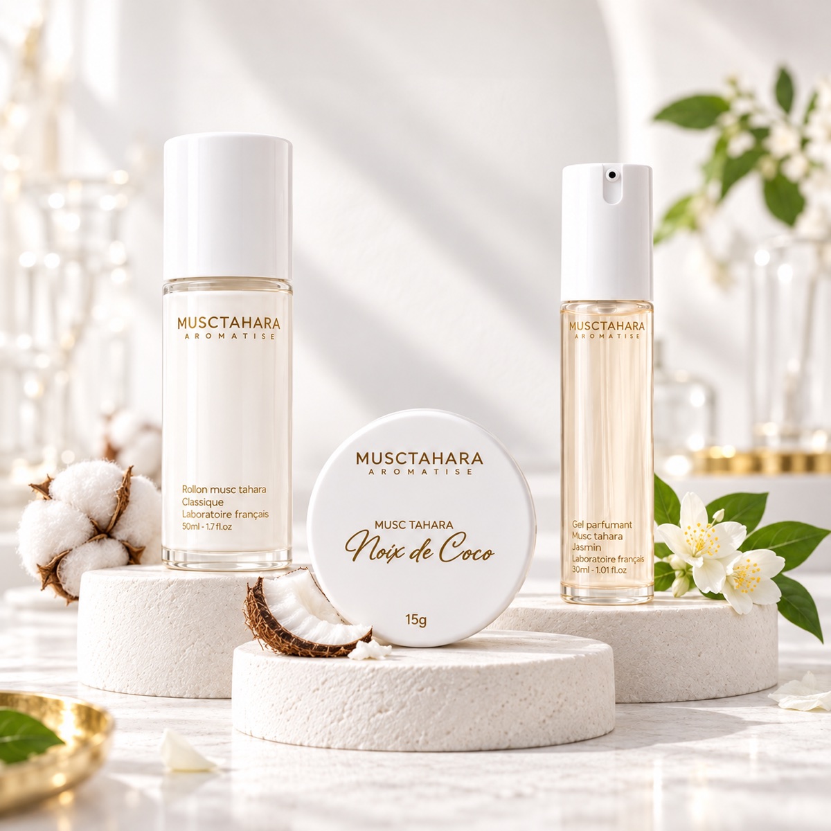 Roll-on Classique, pot Noix de Coco et gel Jasmin avec leurs évocations parfumées